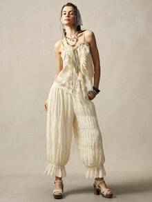 Bohemela 波西米亚风度假休闲编织小碎花撞色蕾丝吊带背心不对称下摆女式吊带背心 - 芥末黃 - 查看 7