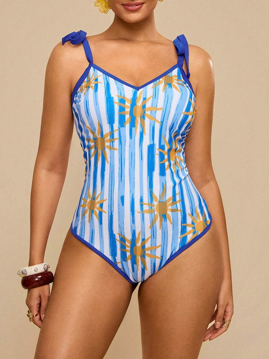 Travachic Plus Size Women's Ocean Creature Printed One-Piece Swimsuit, Fish Pattern Spaghetti Strap V-Neck Swimwear Plus Size Bathing Suits Women - Blue - View 1