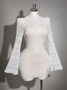 SHEIN ICON Fitted Lace Fabric Asymmetrical Shoulder Long Sleeve Split Mini Dress - White - View 7