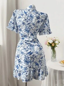 Flirla Damen Große Größen Urlaubsstil blaues Blume Muster Cheongsam Kleid - Verschiedenfarbig - Übersicht 2