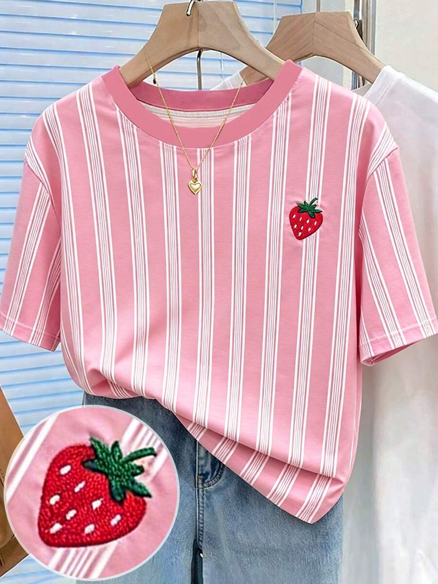 Resyla Striped Digital Print, Strawberry Embroidery Casual Round Neck T-Shirt, Gift For Friends - Multicolor - View 1
