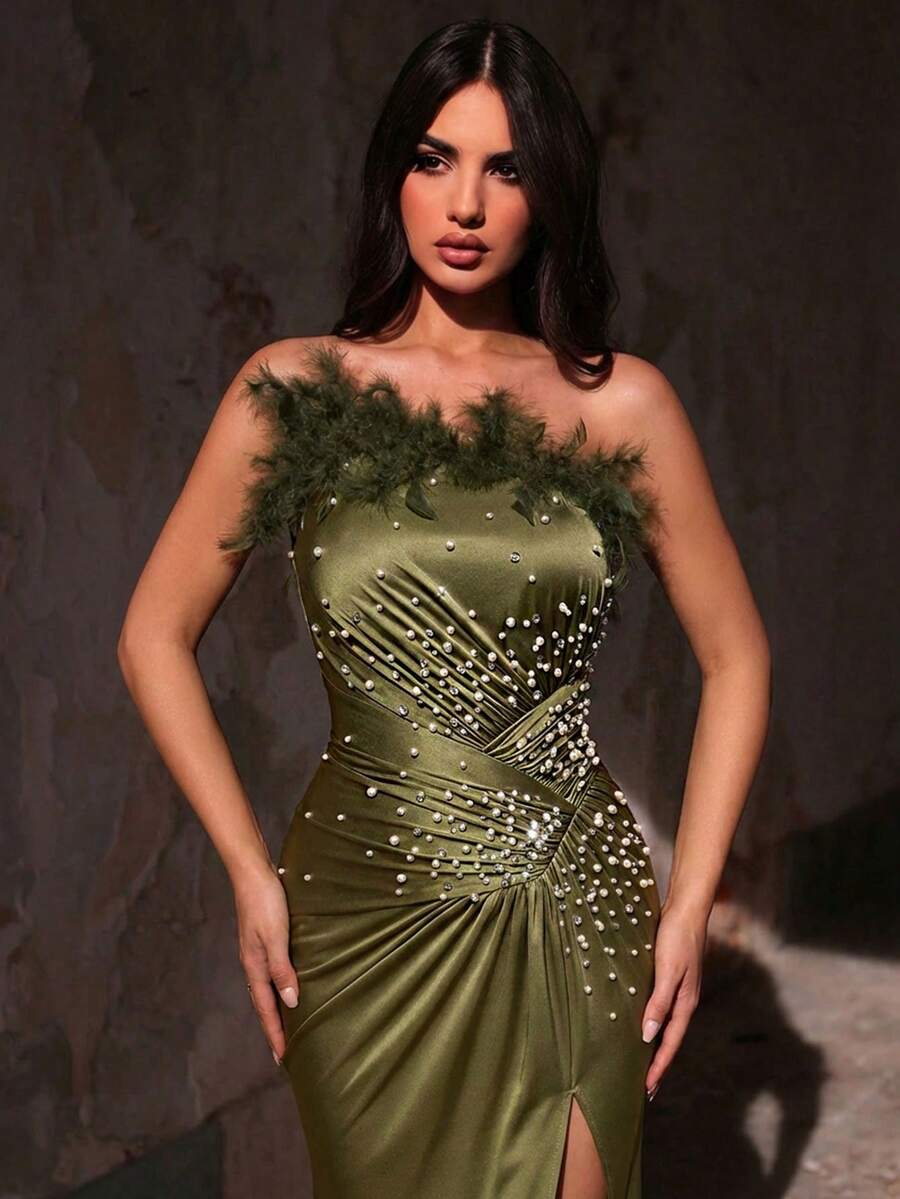 Glamrae Elegante y lujoso vestido de punto elástico con volantes, abertura lateral y cola de pez, con cuentas de burbujas y adornos de strass en el hombro asimétrico, adecuado para bodas, fiestas, vacaciones y banquetes - Rosa vieja - Ver 1
