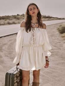 Easelle Bohemian Music Festival Off-Shoulder Ruffle A-Line Romantic Dress For Women - Apricot - View 5