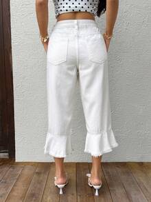 Sunnyshic Fashionable Casual Lace Trim Washed Denim Capri Pants - White - View 2