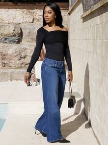 Yess Loren Women White Solid Asymmetric Neck Gathered Long Sleeve Bodysuit, Casual Wear - Black - View 5