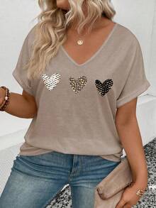 EMERY ROSE Kaos Lengan Pendek Longgar Leher V Ukuran Besar, Motif Hati & Leopard, Fesyen Kasual untuk Wanita - Khaki - View 5