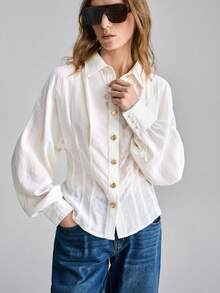 Ontre 2026SS New Women's Shirt, Fitted Silhouette, Embroidered Fabric, Dropped Shoulder, Long Sleeve, Small V-Neck, Modern Elegant Wedding Guest Outfit, Minimalist Romantic French Luxury Feel, Urban Chic Business Casual Office Wear, Low-Key Old Money Vibe, High-End Airport, Cruise Ship, Middle East Essential, High-Quality 4-Season Versatile Wedding Series Dress Puff Sleeve Blouse Sheer Blouse - White - View 5