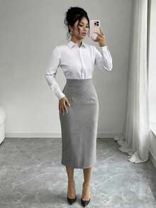 Elenzga 2026 Printemps/Été Élégante Jupe crayon plissée avec boutons, Jupe crayon ajustée, Jupe pour le port quotidien, Tenue de bureau - Gris - Voir 6