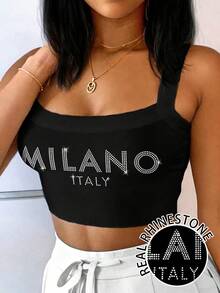 Slaydiva Spring/Summer New Casual Minimalist Thick Strap Camisole Cropped Top/Going Outfit/Y2k /Streetwear/Night Club/Sexy/Suitable For Summer/Back To School/Going Out/Hip-Hop/Clubs /Viral Internet-Famous Same Style/Milano Letter Graphic Real Rhinestone/Rhinestone Hotfix Craft Fashion Pieces - Black - View 1