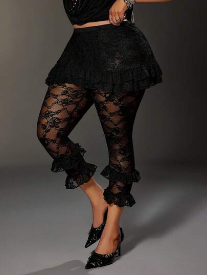 Maweii 大码时尚性感透视蕾丝荷叶边修身裤
