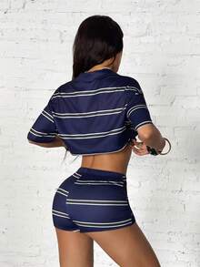 StreetHx Women's Casual Street Style Polo Collar Striped Numeric Print 2 Pieces Set, Summer - Navy Blue - View 2