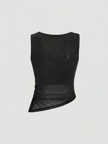 Sweetra Women's Shiny Knit Asymmetric Fitted Sleeveless Top, Versatile For Daily Commute, Spring/Summer Mesh Tops For Women Black See Through Top - Black - View 2