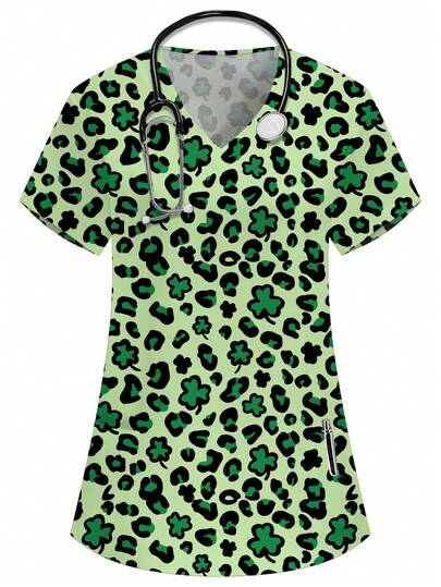 PopScrub Women's V-Neck Short Sleeve Double Pocket Cartoon Print Blouse, Suitable For Nurse/Doctor Uniform, Health Check/Surgery Uniform, Pet Grooming Uniform, Nutritionist Uniform, Lab Coat, Multi-Pocket Functional Workwear, Cute And Joyful Festive Outfit