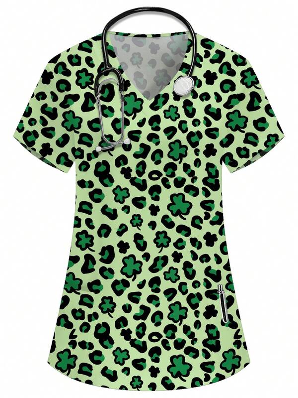 PopScrub Women's V-Neck Short Sleeve Double Pocket Cartoon Print Blouse, Suitable For Nurse/Doctor Uniform, Health Check/Surgery Uniform, Pet Grooming Uniform, Nutritionist Uniform, Lab Coat, Multi-Pocket Functional Workwear, Cute And Joyful Festive Outfit