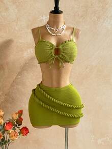 Soleia 新款扭结吊带紧身迷你裙，百搭波西米亚风，充满假日气息，适合秋季女装，复古风，度假风 - 綠色 - 查看 5