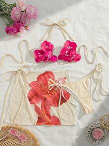 Swim SXY 3pcs/Set Women's 3D Orchid Print Halter Backless Bikini Top, Side Tie Triangle Bottoms & Mesh Mini Skirt Swimsuit Set (Floral Pattern Random) - Multicolor - View 2