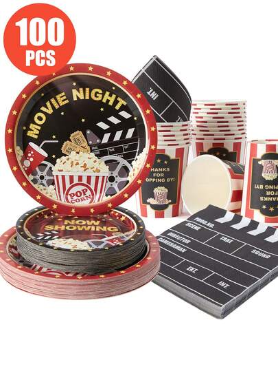 电影之夜、主题派对的一次性餐盘、餐巾纸和纸杯，适合25位客人。一次性纸盘和餐具，适用于生日、婚礼、派对和家庭野餐。