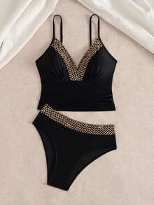 SHEIN Swim Chicsea 女士两件套纯色修身金色缎带可调节肩带高腰裤度假休闲派对比基尼套装 - 黑色 - 查看 2