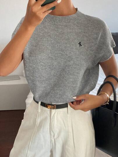 DAZY Embroidered Pattern Round Neck Short Sleeve Casual Vintage Summer Lightweight Knit Top For Women