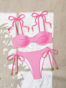 Swim Mod Nuevo conjunto de bikini de dos piezas a rayas de estilo europeo y americano, con tirantes finos, bandeau acolchado con aros, tanga sexy de tres puntos y corte alto, adecuado para la playa, fiestas en la piscina, cumpleaños, vacaciones - Rosa - Ver 4