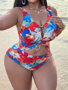 Slaydiva Plus Size Women Floral Print Twist Ruched One-Piece Swimsuit, Suitable For Beach Vacation, Pool Party, Beach Party - Multicolor - View 4