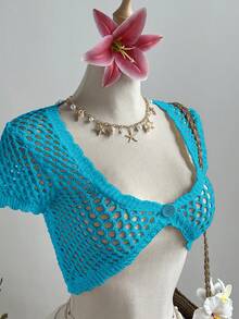 Elamini 女士度假沙滩纯色镂空针织短款开衫 - 藍色 - 查看 1