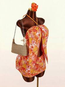 Amplova Women's Beaded Embroidered Fruit & Starfish Golden Yellow 2-Piece Swimsuit,Summer Elegant Casual Vacation Holiday Backless Halter Tie-Up Resort Wear - Burnt Orange - View 4