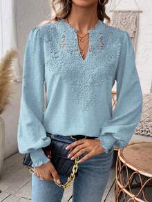 SHEIN LUNE 大码女式优雅简约花卉领拼接纯色长袖衬衫 - 藍色 - 查看 5