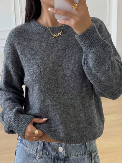 SHEIN Teen Girl Casual Lantern Sleeve Cropped Girls Solid Color Long Sleeve Sweater, Gray Fall Winter
