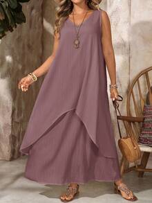 EMERY ROSE Plus Size Women's Purple Summer Boho Vacation Holiday Dress,V-Neck Sleeveless Solid Color 2 In 1 Flowy Long Dress,Casual Beach Outfits,Country Style - Brown - View 1