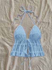 Soleia Women's New Textured Halter Backless Adjustable Camisole - Blue - View 3