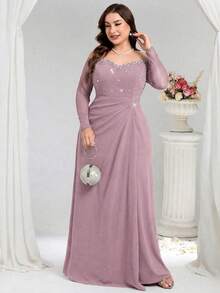 Coutiva Plus Size Women Off-Shoulder Faux Pearl Decor Ruched Waist Elegant Formal Evening Dress - Dusty Pink - View 4