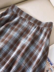 CosyJoli 大码女式半身裙，休闲格子A字裙，学院风女式半身裙 - 藍色 - 查看 5