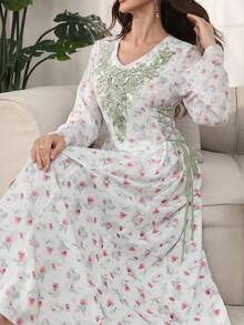 Al Najma Đầm tay loe cổ chữ V họa tiết hoa phối màu tie-dye, kiểu Ả Rập, mùa xuân/hè. - màu xanh lá - Xem 7