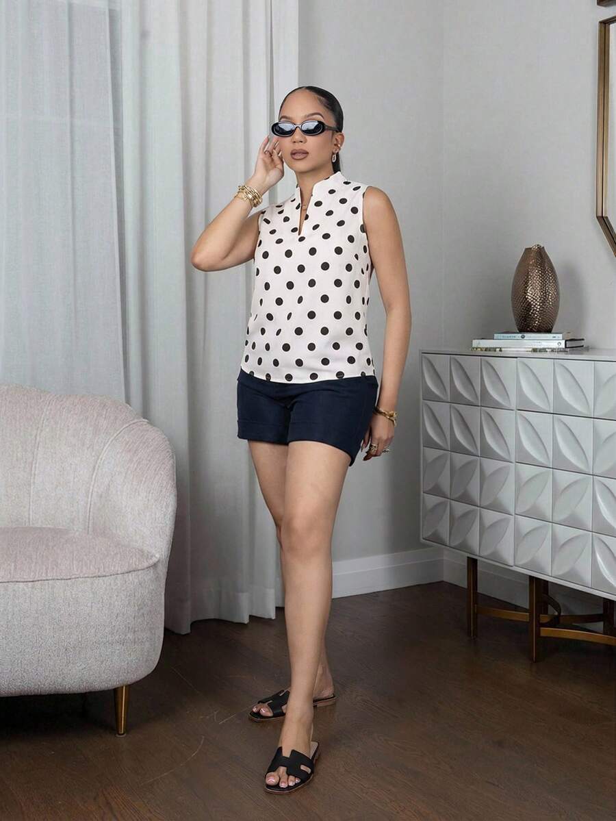 Melissa Matos 女式 V 领圆点印花无袖休闲衬衫 - 彩色 - 查看 1