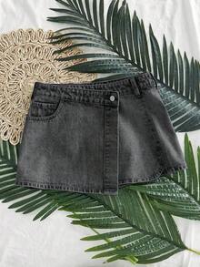 SHEIN Essnce Women's Asymmetric Hem Casual Denim Mini Skirt - Grey - View 3