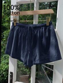Comfortcana Plus Size Casual Loose Drawstring Solid Color Comfortable Shorts, Spring/Summer - Navy Blue - View 4