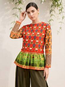 LOTSLUV 女士优雅橙绿花卉图案圆领长袖宽松衬衫，腰部荷叶边装饰，春夏款，女士衬衫，精美女士衬衫，新款女士衬衫，优雅女士衬衫，时尚女士衬衫，女士长袖衬衫 - 亮橙色 - 查看 5