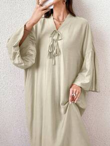 Yasmyna Women's Solid Color V-Neck Knotted Ruched Casual Party Travel Arabic Style Dress - Apricot - View 5
