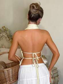 Glamine Charm Fashionable Vacation Sexy Yellow Hollow Embroidery Backless Halter Shirt - Yellow - View 2