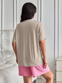 SHEIN Cotton Plus Women 2 Pcs Pink Contrast Colour Sleep Lettered Pattern Detail Top& Elastic Waist Solid Shorts Homewear Casual Pajama Sleep Lounge Set - Beige - View 2
