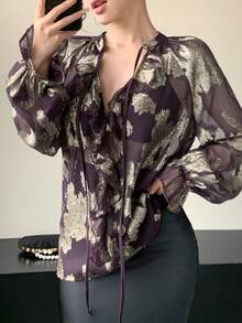 DAZY 女士优雅印花系带腰身衬衫，春夏款 - 黑色 - 查看 10