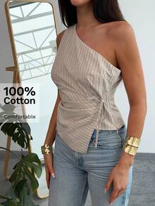 Aloruh Áo sơ mi nữ ngắn tay buộc dây, kiểu dáng tối giản, màu mơ sọc, xếp ly, thích hợp cho mùa xuân/hè. - Màu be - Xem 9