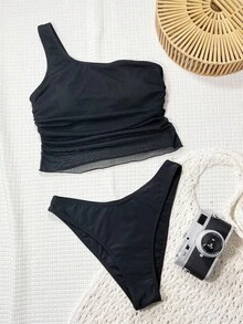 Swim Chiccia 黑色连体不对称领口网纱拼接褶皱休闲优雅女士沙滩吊带泳衣套装 - 黑色 - 查看 4