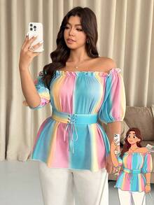 Vionelle Plus Size Candy Color Off-Shoulder Cinched Waist Blouse,Blue,Summer,Boho,Tea Party,Pride Month Rainbow Shirt Colorful Tops For Women Curve Blouses - Multicolor - View 7