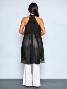 SOLERSUN Camicetta elegante in chiffon da donna, stile vacanziero, colore unito, senza maniche, scollo a spalla, collo alla coreana, fluida, adatta per occasioni serali, matrimoni, feste e uso quotidiano - nero - Visualizzare 2