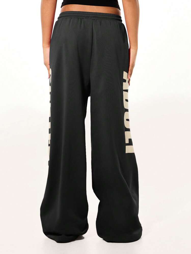 SUMWON WOMEN Oversized Wide Leg Joggers With Drawstring Waist And Side Text Graphics For Casual Streetwear Comfort