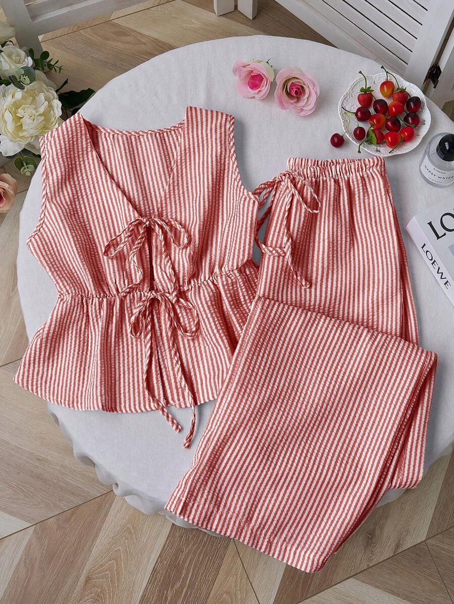 Sweetra European And American Summer New Striped Tie Minimalist Versatile Vest And Straight Leg Pants Women 2 Pieces Set - Red - View 1