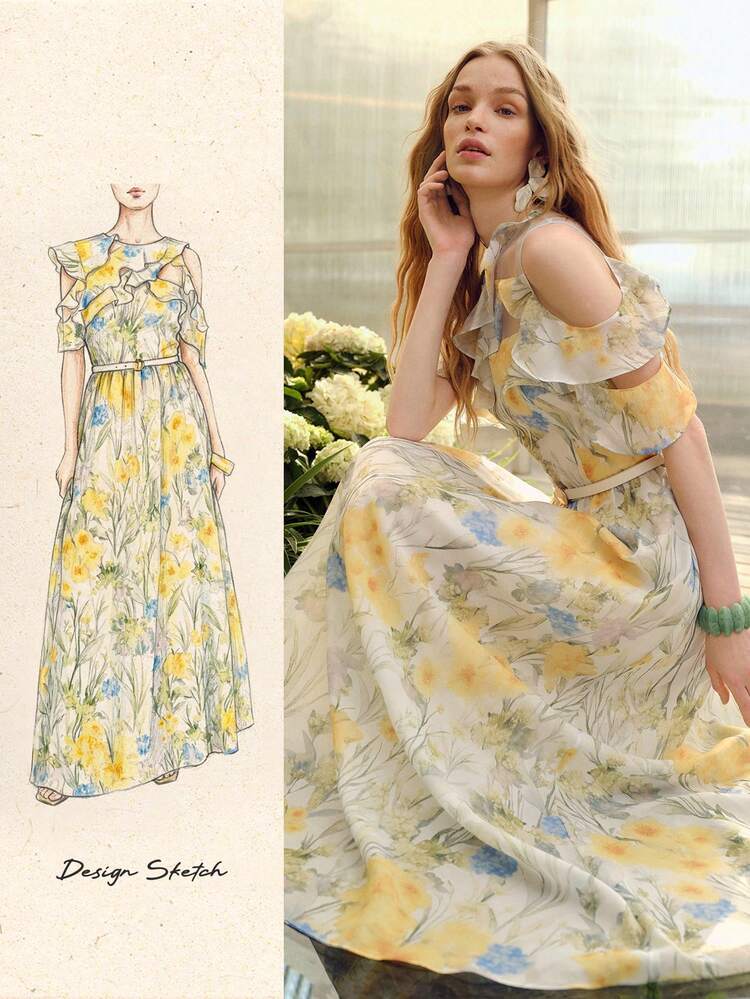 WOMEN'S WAIST CINCHED FLARED HEM ROMANTIC FLORAL PRINT DRESS, SPRING/SUMMER