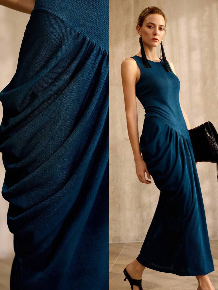 FASHIONABLE CREW NECK SLEEVELESS DRAPED PLEATED KNIT DRESS, SPRING/SUMMER